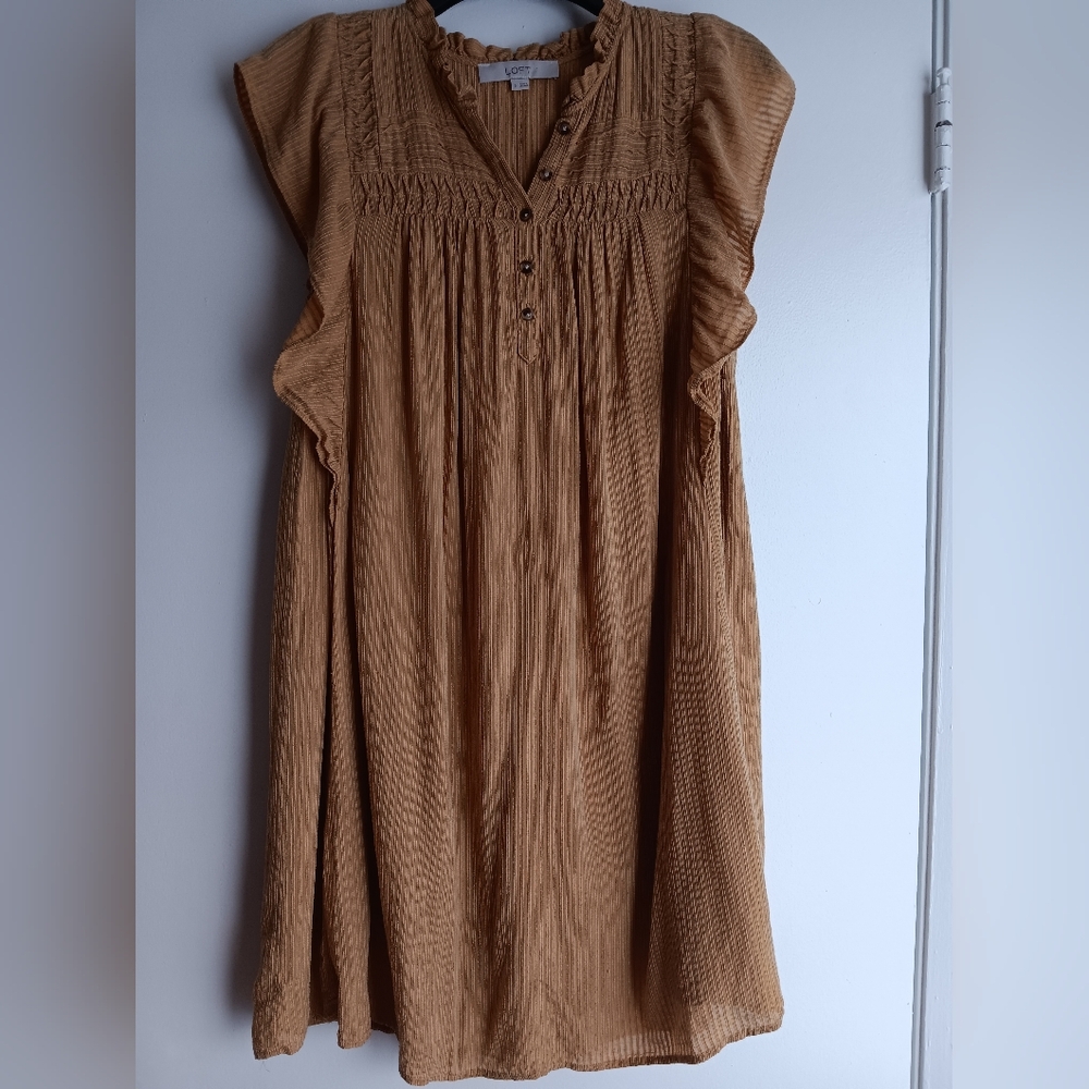 LOFT Tan Ruffled Sleeveless Tunic Dress